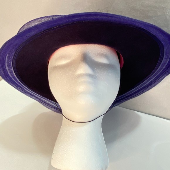 Bellini Womens Hat Purple 100% Wool Wide Brim Ribon Lace Rhinestone Band - Picture 5 of 10